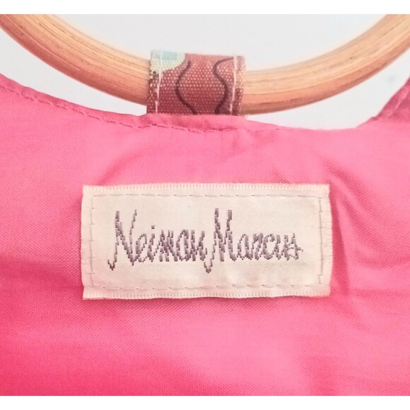 VTG Neiman Marcus Fashion Diva Green Cotton Print Tote Bamboo Ring Handle - Picture 4 of 11